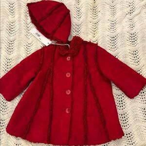 NWT Jean Bourget Cranberry Faux Suede Fleece Lined Girls Coat & Hat Sz 9 mo